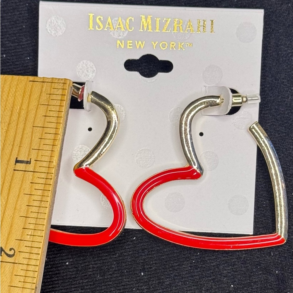 Isaac Mizrahi Red and Gold Tone Heart Hoop Earrings 1.75 in approx - Picture 4 of 4